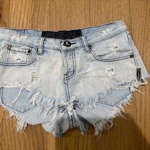 One Teaspoon Distressed Light Blue Denim Shorts